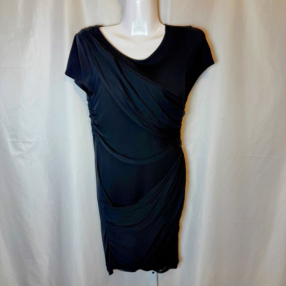 Alice + Olivia Black Draped Asymmetrical Ruched Short Sleeve Dress M Grunge Y2K‎